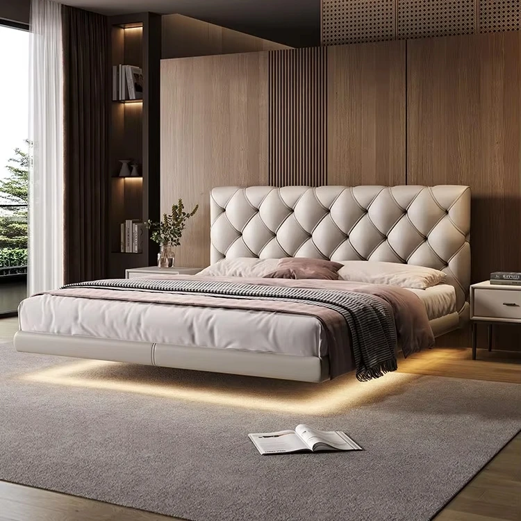 xx-Modern Light Luxury Leather Suspended Bed Moon Surface Design Button Tufted Upholstered Double Bed for Master Bedroom&