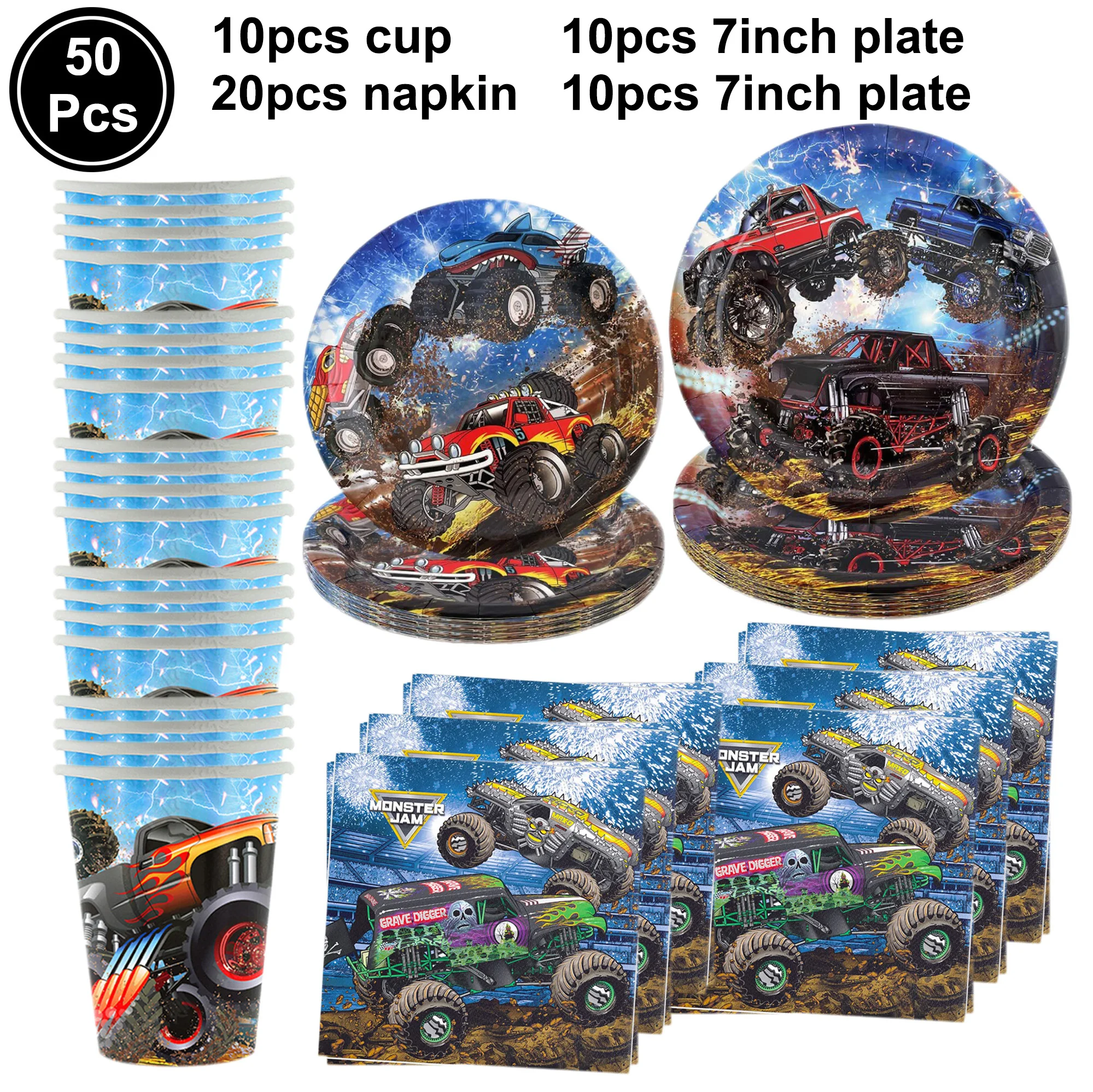 Monster Truck Birthday Party Disposable Tableware Monster Car Paper Plates Cups Napkins Supplies Monster Machines Birthday Decor