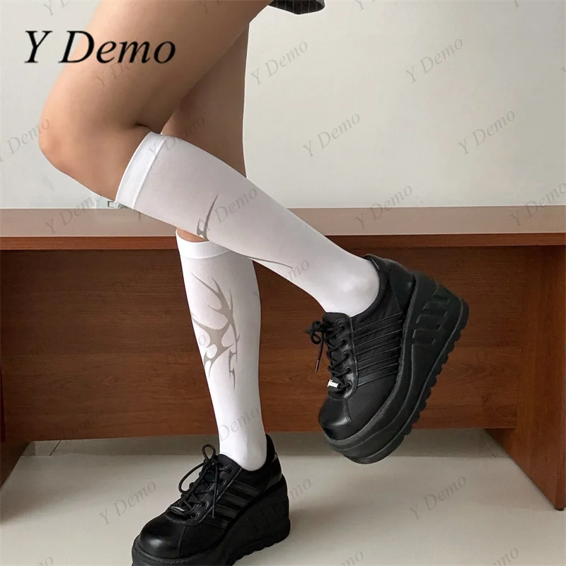 Y Demo Techwear Thorns Printing Summer Thin Middle Tube Socks Women Slim Y2k White Stockings