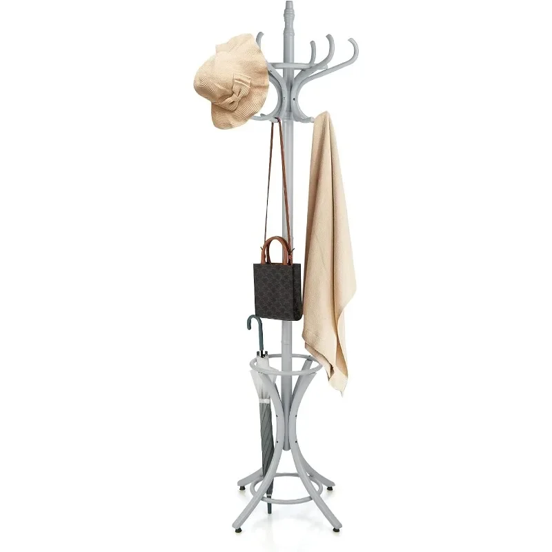 

Standing Coat Rack, Wood Coat Tree with 12 Hooks, Home Hat Jacket Hanger with Umbrella Holder Coat Stand