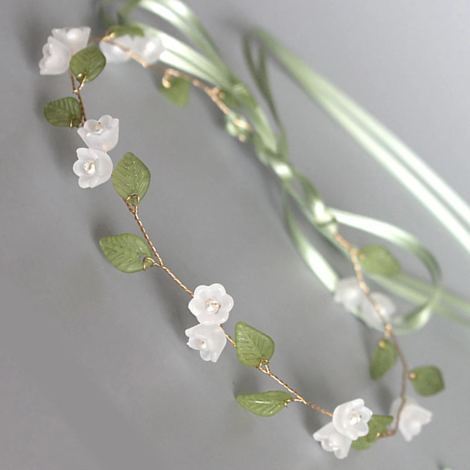 Simulated Flower Hairband Wedding Hair Accessories For Women Pearl Bridal Headbands With Green Ribbon Marriage Hair Jewelry