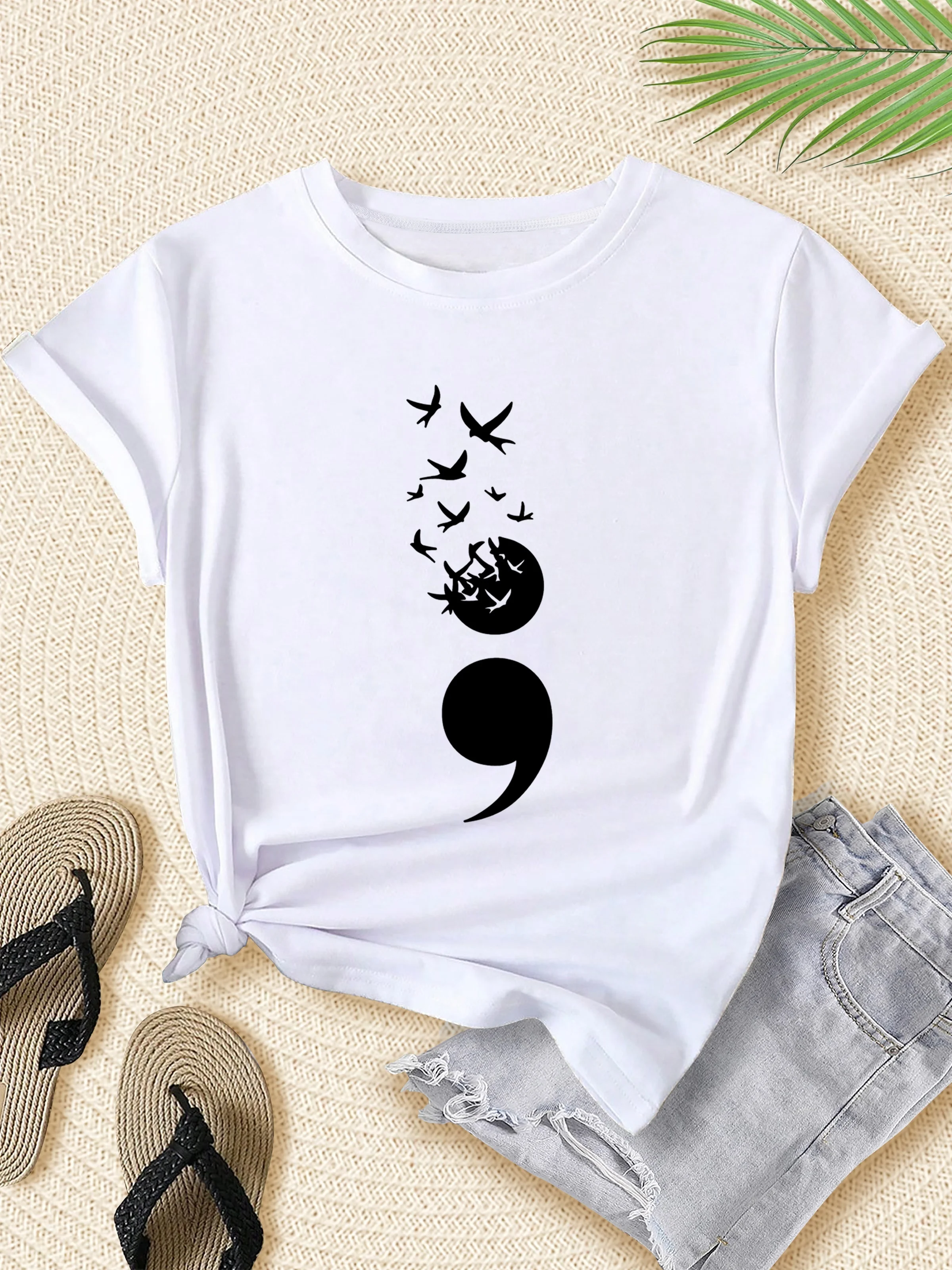 

Женская повседневная футболка с принтом птицы и полуколона, удобная футболка с короткими рукавами в стиле Харадзюку, повседневная эстетичная одежда с короткими рукавами