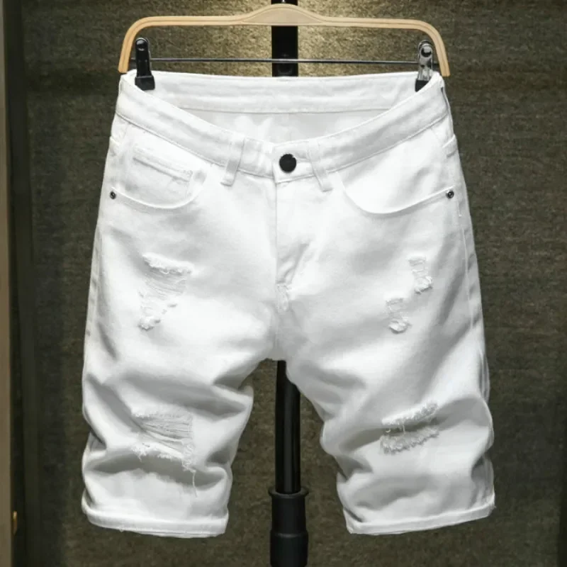 New Summer Boutique Cotton Fashion Ripped Mens Casual Jeans Shorts White Black Male Beach Shorts Elasticity