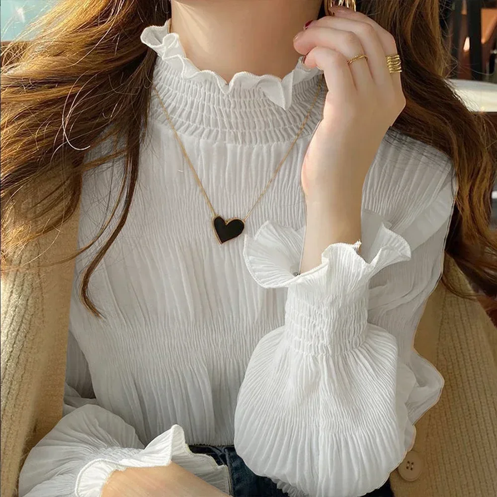 

M-2XL Flowers Pleated Petal Sleeve T Shirt Tees Women Sweet Flared Sleeve Turtleneck T-shirt Female Blouses Ladies Fashion Tops
