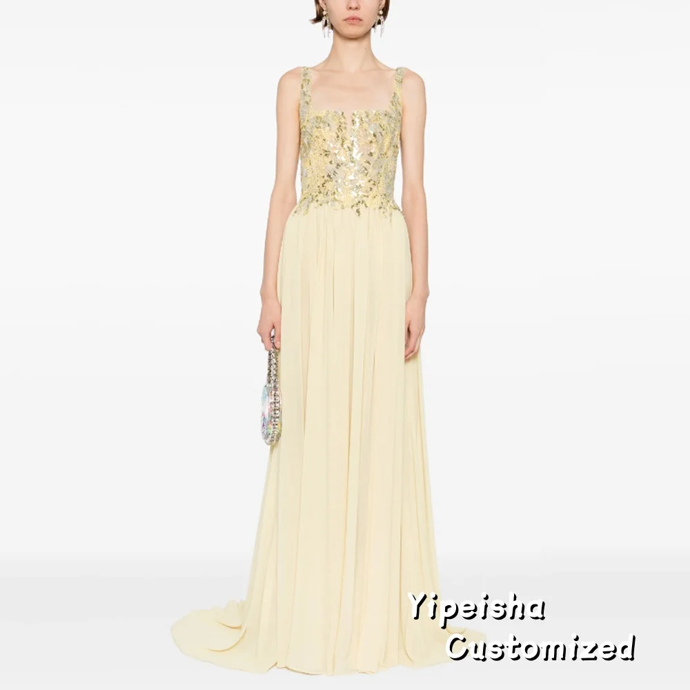 

Customized Chiffon Spaghetti Straps Evening Dress Backless Sexy Sequins High Split Cocktail Prom Gown