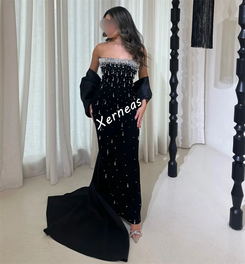 Customized Jersey Rhinestone Temperament Black Straight Midi Dresses Bespoke Occasion Women Luxury Evening Party Sparkle