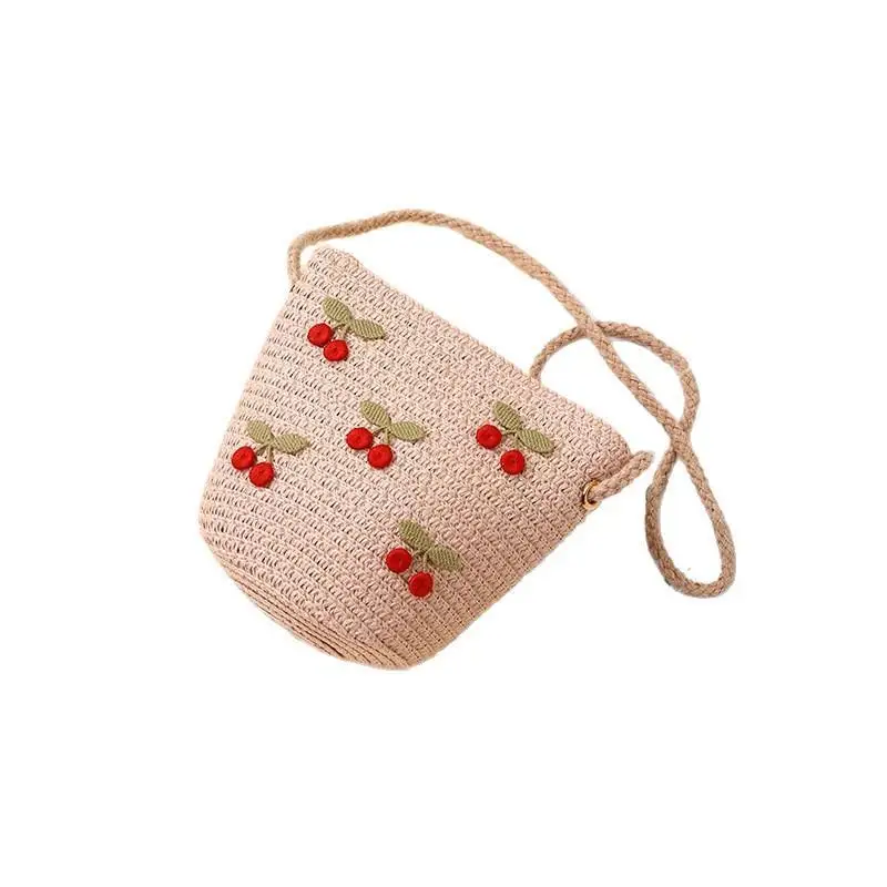 Faltbare gewebte Strohtasche für Kinder, Sommer-Schultertaschen für Mädchen, rote Kirschen, Kinderhandtaschen, Strand- und Reisetaschen, kleine Geldbörsen – Detail 5