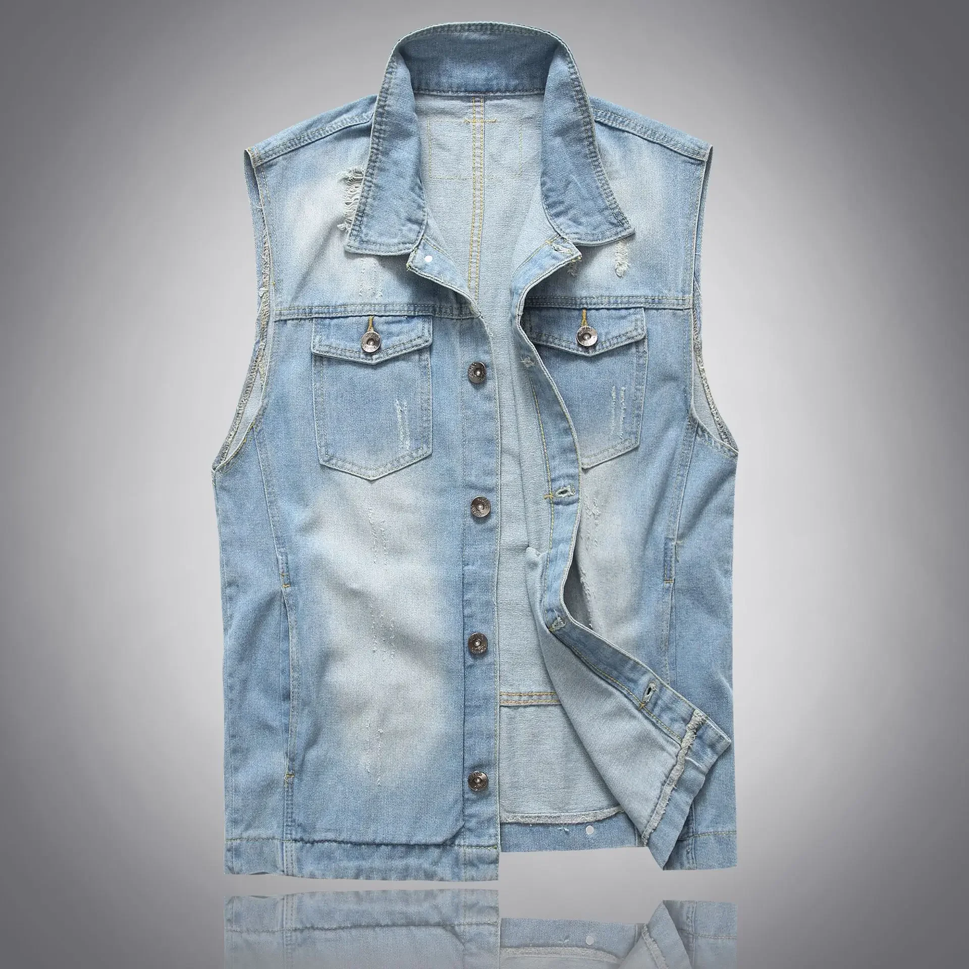 Denim Vest Men Sleeveless Jacket Ripped Holes Pockets Single Breasted Turn Down Collar Punk Distressed Coat Casual Coats Gothic