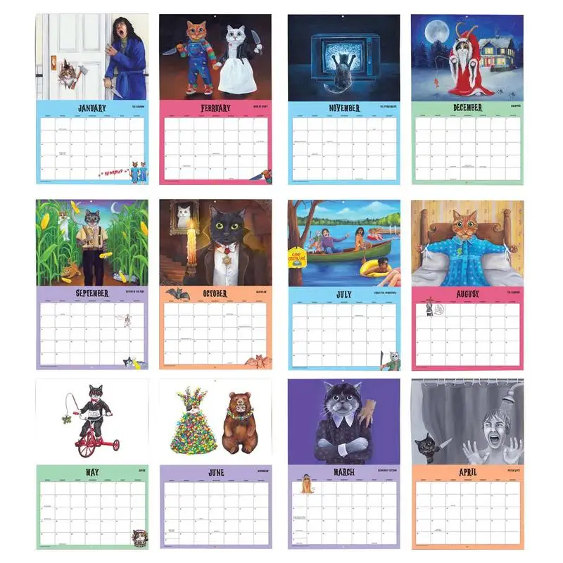 Scaredy Cats 2024 Calendário Mensal, Horror Cat Movie, Paródia, 12-Month Wall Calendar for Planning, Organizing and Daily Scheduler