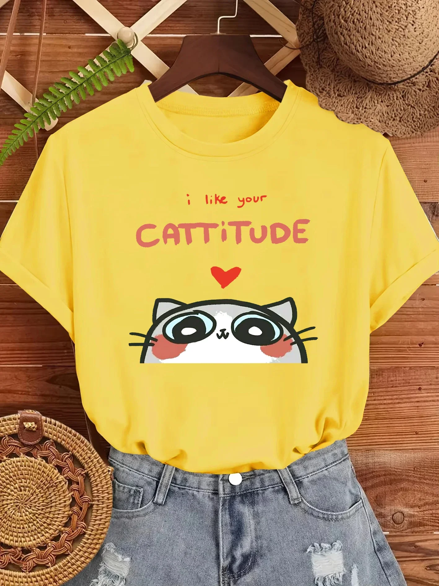 Camisetas con estampado de gato bonito I Like You Cattitude, camiseta de verano para mujer, ropa informal estilo Hip Hop, ropa informal que combina con todo