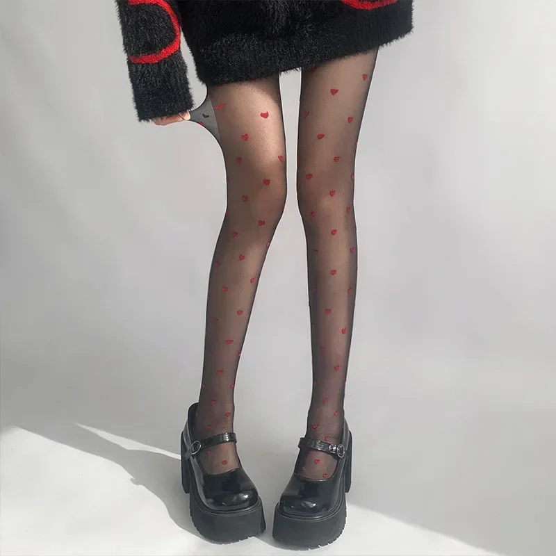 Sexy Black Stockings Tights Women Fashion Heart Dot Bows Print Pantyhose Summer Transparent Mesh Nylon Stretch Seamless Hosiery