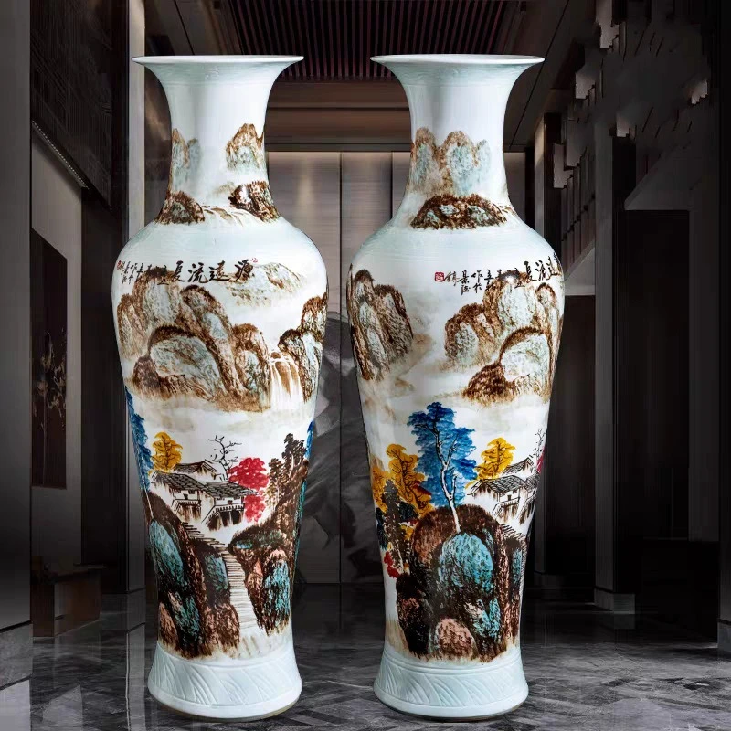 

Ceramic floor-to-ceiling large vase hand-painted multicolored landscape has a long history, large Guanyin vase ornament