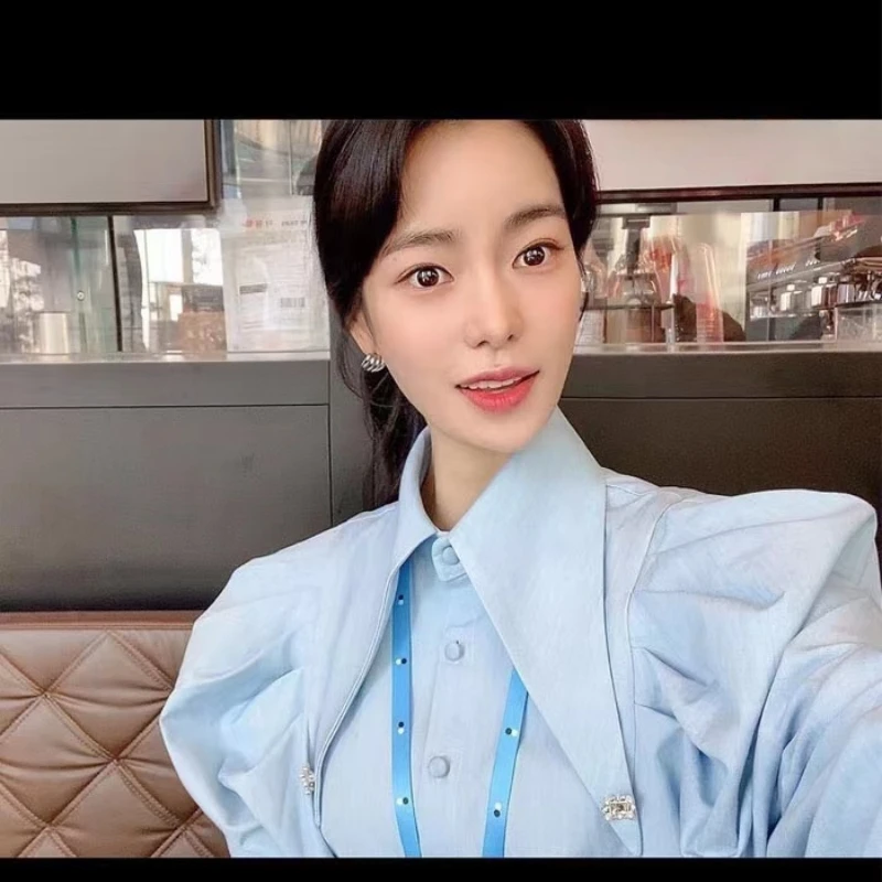 Kpop Korean Drama Star Same Elegant Puff Sleeve Office Lady Shirts Women Winter Blue Casual Buttons Blouses Street Fashion Tops