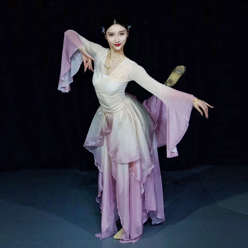 Traje de danza clásica, vestido de gasa de color degradado elegante y súper hada, falda ligera que fluye, traje de baile