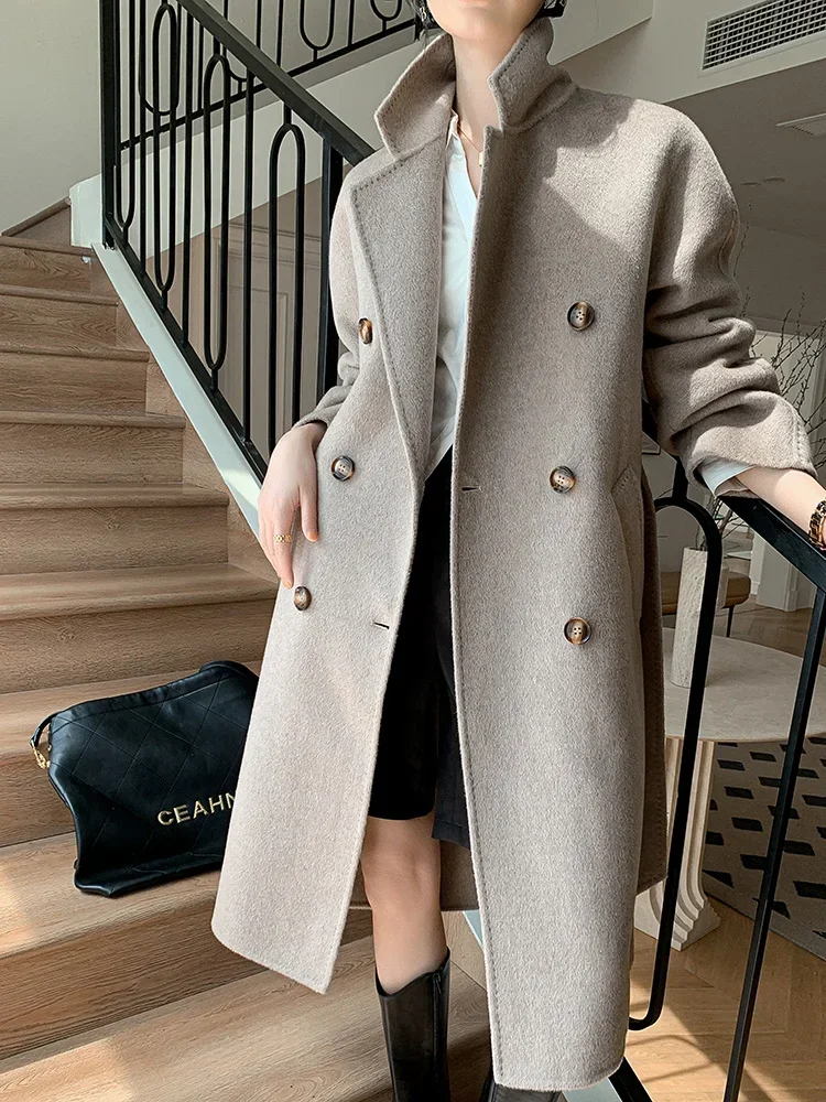 Reversible cashmere coat solid color long double-breasted pure Australian wool tweed jacket autumn and winter new fashion trend