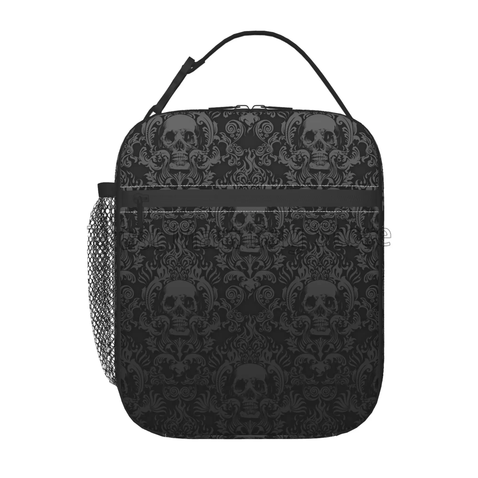 Bolsa de almuerzo con aislamiento de Damasco y calavera gótica Victoriana negra Vintage para Halloween, fiambrera portátil impermeable, bolsas de mano enfriadoras térmicas