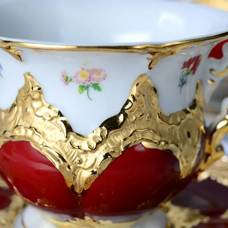 

European-Style Meijia Coffee Set B- Form Palace Relief Gold Painting Heavy Industry Wine Red Tea Set Plate Coffee Cup Set coffe