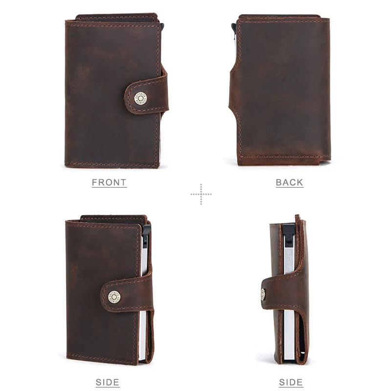 CONTACT'S Crazy Horse Leather Men Credit Card Holder RFID Blocking Aluminium Box Male Automatic Pop Up Card Case Money Pocket