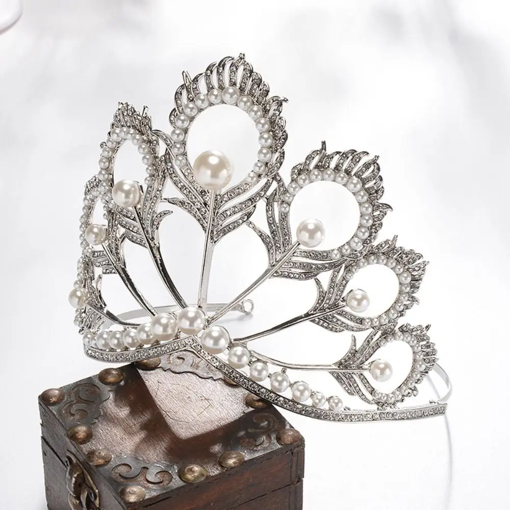Rhinestone Crowns Peacock Feather Tiaras Round Pearl Head Accessories Crystal Pearl Headband Durable Bohemian