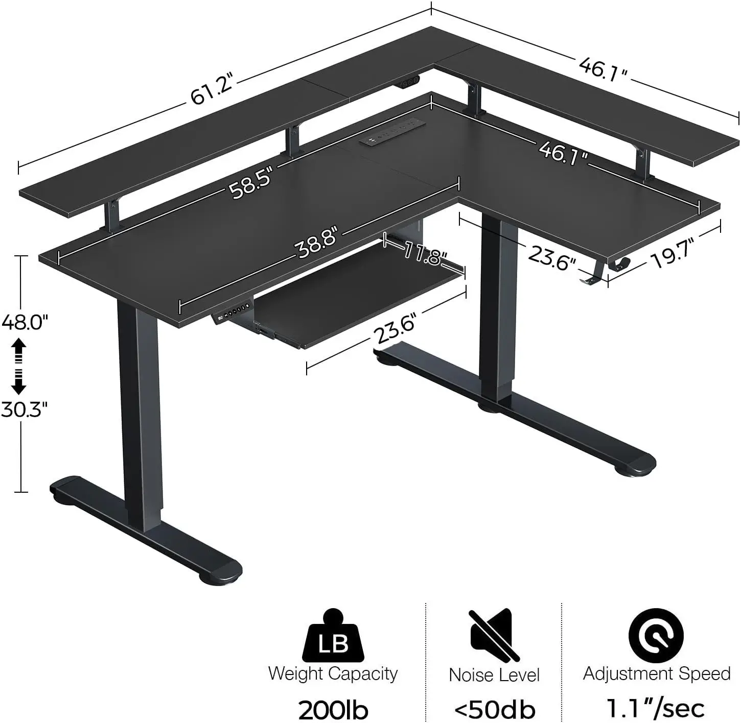 L Shaped Standing Desk with LED Light and Power Outlet, Dual Motor Height Adjustable Electric Standing Desk