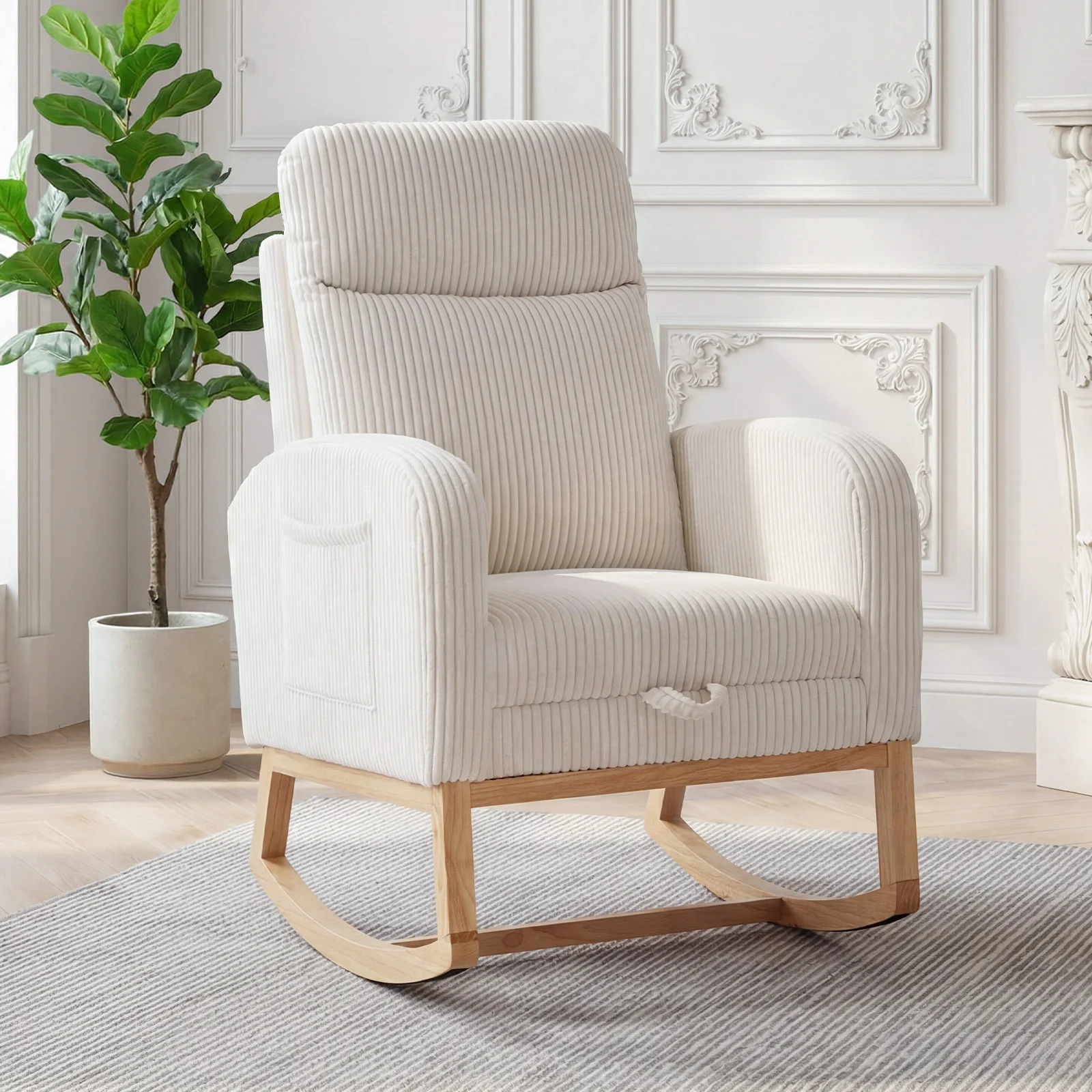 Corduroy Upholstered Rocking Chair with Adjustable Footrest Tufted Rocker Chair with Side Pocket Rocker for Living Room Bedroom Comfortable Padded Armchair for Reading and Relaxation Modern Accent Chair with Smooth Rocking Motion