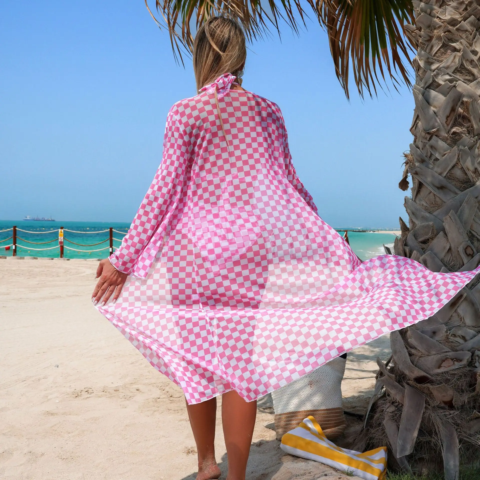 

Sexy Halter Push Up Bikini 3 Piece Swimsuit with Mesh Long Sleeve Cover Up plaid print High Waisted Bathing Suit Women Beachwear