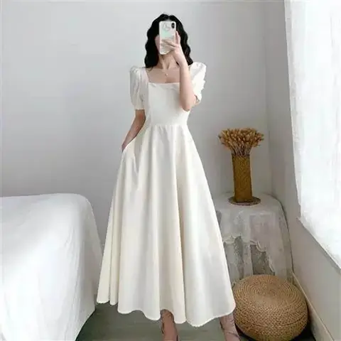 Elegant White Puff Sleeve Square Collar Dress Women's Waist-fitted Long Dress Slimming Effect Summer