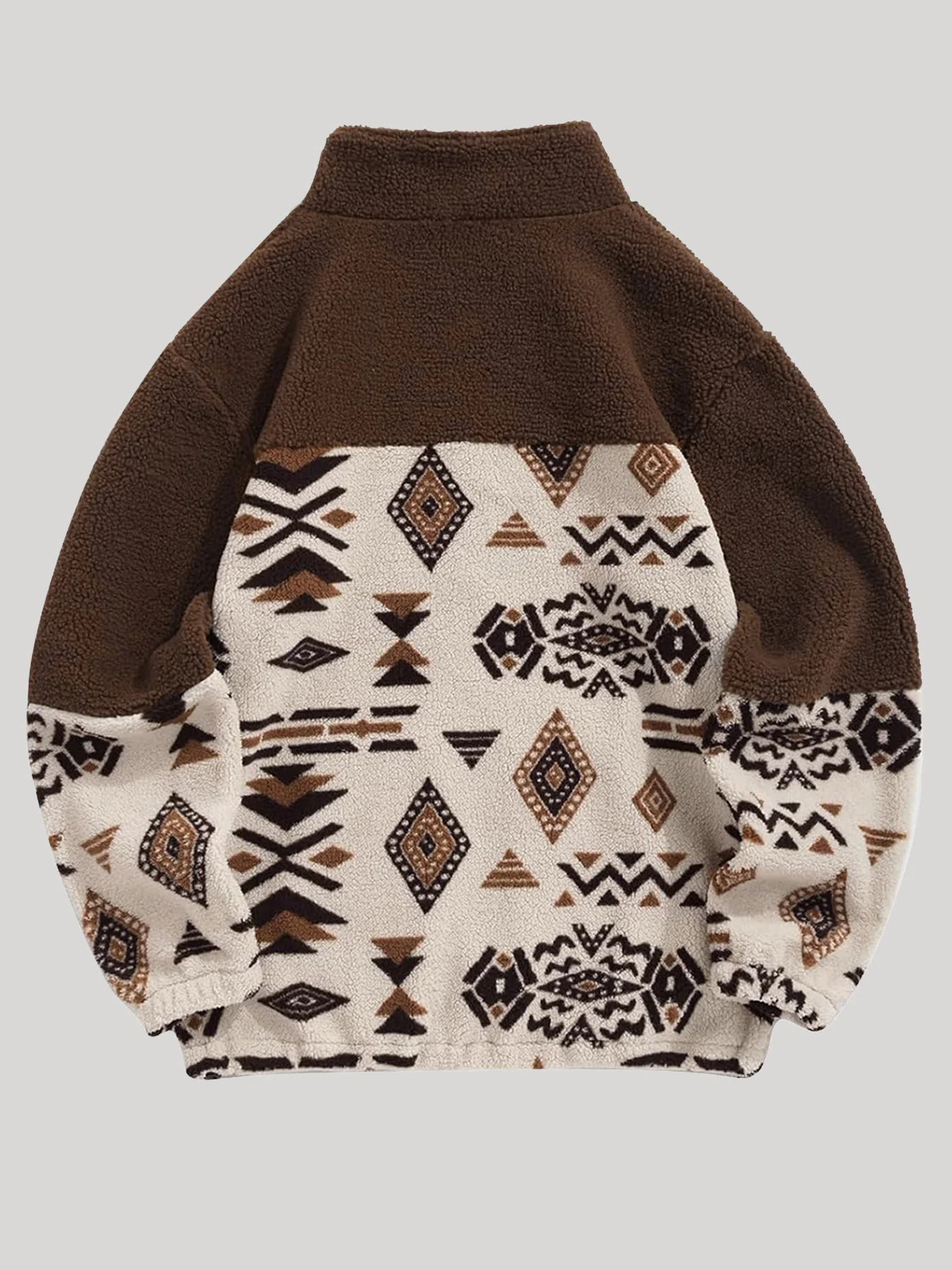 Men's Aztec Ethnic Style Color Block Sherpa Fleece Stand Collar Jacket Winter Thick Warm Fleece Casual Coat