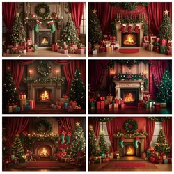 Merry Christmas Photography Backdrop Red Wall Fireplace Xmas Tree Gift Family Party Decor Portrait Photo Background Photo Studio