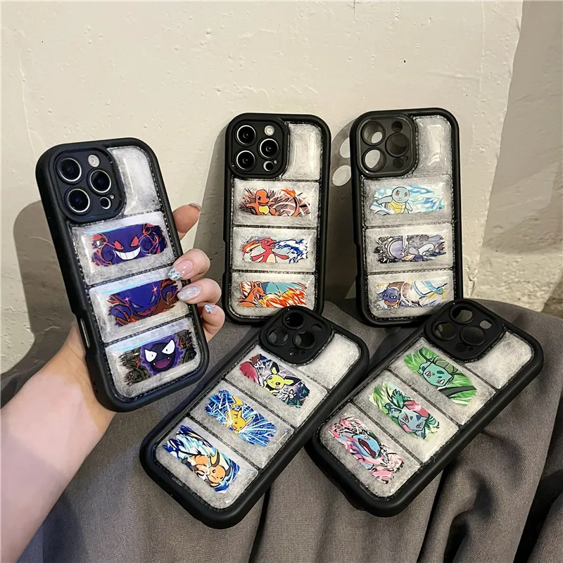 Anime P-Pokemons gengar Phone Case for iPhone 11 12 13 14 15 16 Pro Max Charizard Bulbasaur Squirtle Vacuum down jacket Cover