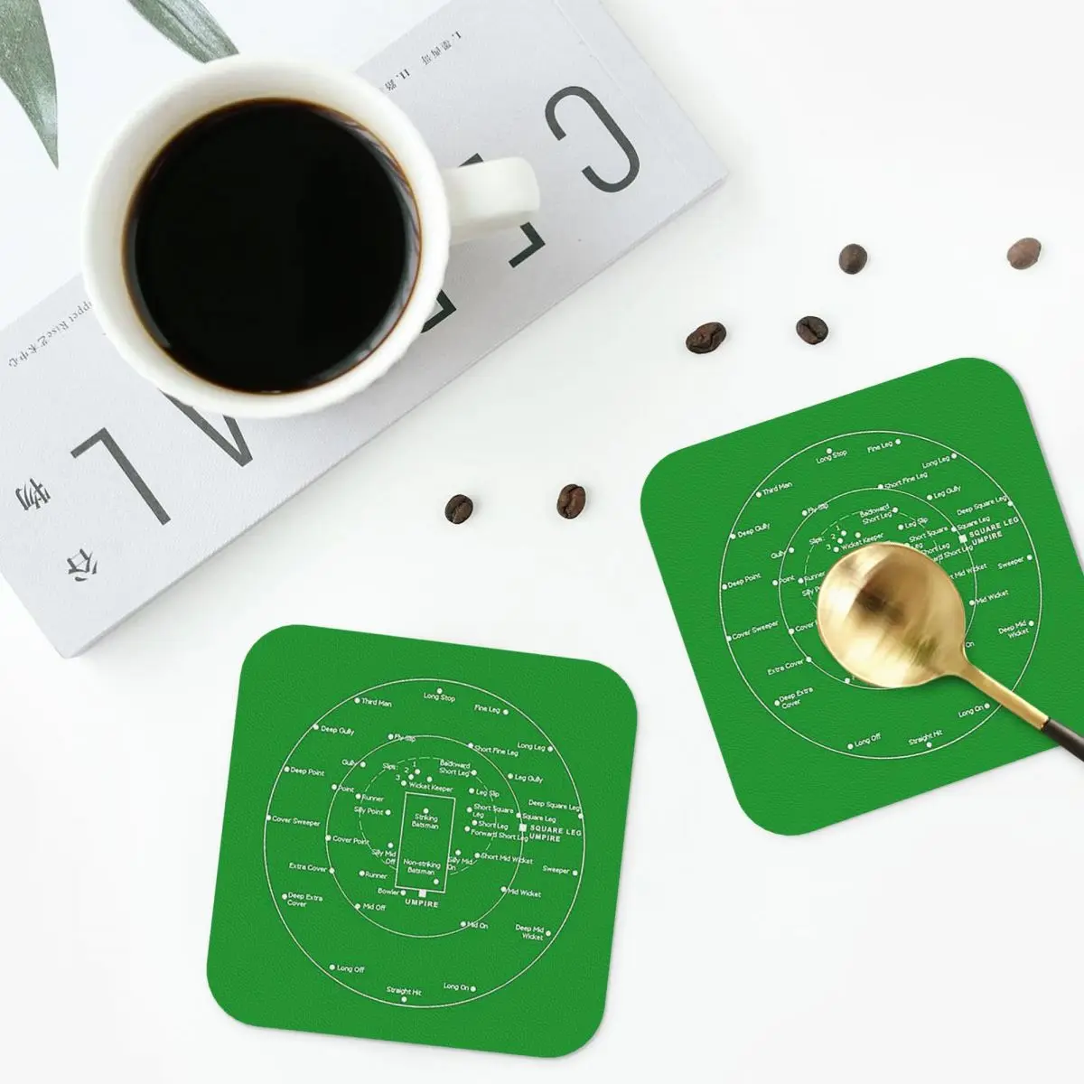 Cricket Pitch Positions- Fielding Positions Diagram Coasters PVC Leather Placemats Coffee Mats for Home Dining Pads Set of 6