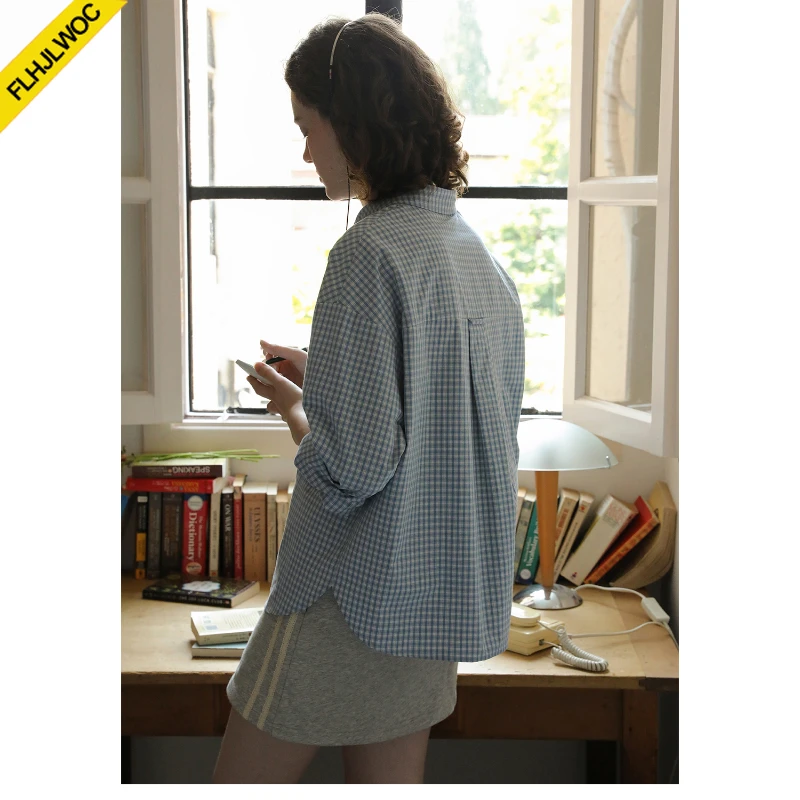 Hot Sales Katoen Blends Tops Blouses Nieuwe 2023 Lente Nieuwjaar Meisjes Preppy Stijl Losse Vriendje Ontwerp Knop Blauwe Geruite Shirts