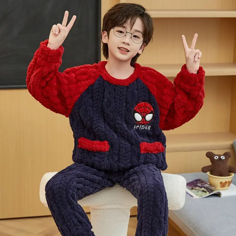 New Cartoon Children's Handsome Spider-Man Boy Thickened Pajamas Creative Anime Character Plus Velvet Warm Home Clothes Set Gift