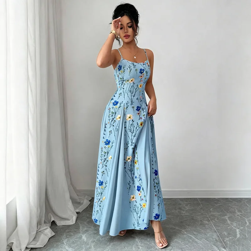 Elegantes Damen-Maxikleid mit Blumenmuster, Spaghettiträgern und Korsett, Fließendes A-Linien-Kleid für Sommer, Strand, Hochzeitsgäste und Urlaub – Detail 4