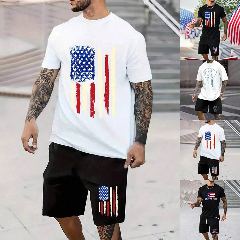 

2024 New Men's Suit Summer Casual Breathable Refreshing Suit Printed 3D Flag Large Men's Loose Top Fashion Short Sleeves