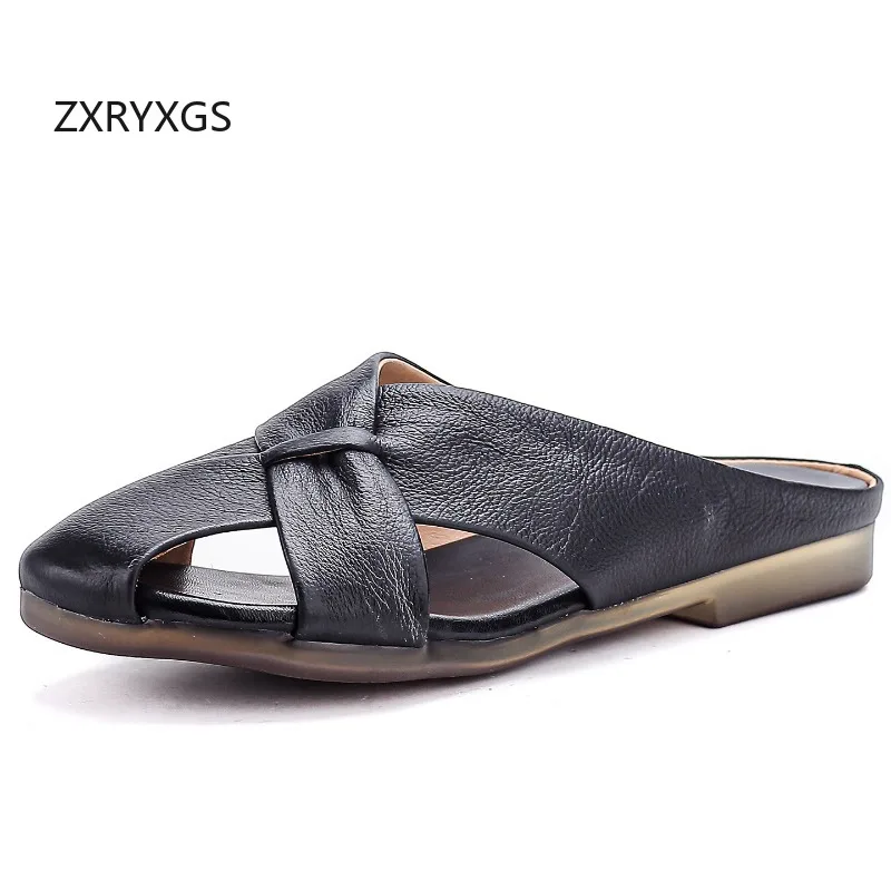 ZXRYXGS Promotion Soft Cowhide Comfortable Soft Sole Flat Slippers Outerwear Shoes Plus Size Women Fashion Slippers Summer 2026