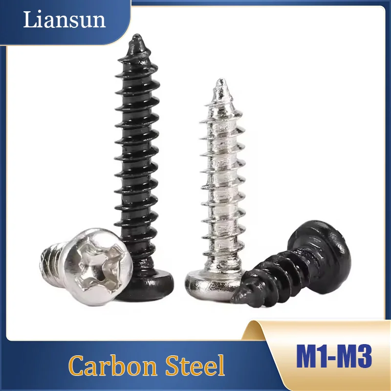 200-1000pcs Nickel Plated/Black Cross Round Head Self-tapping Screws Wood Screw M1 M1.2 M1.4 M1.7 M2 M2.3 M2.6 M3 Carbon Steel