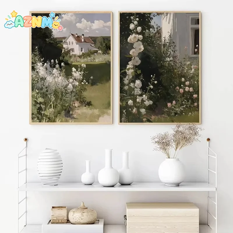 Rustic Farmhouse Doorway Summer Rose Garden Scene Interior Canvas Painting Poster Print Vintage Wall Art Living Room Home Dec