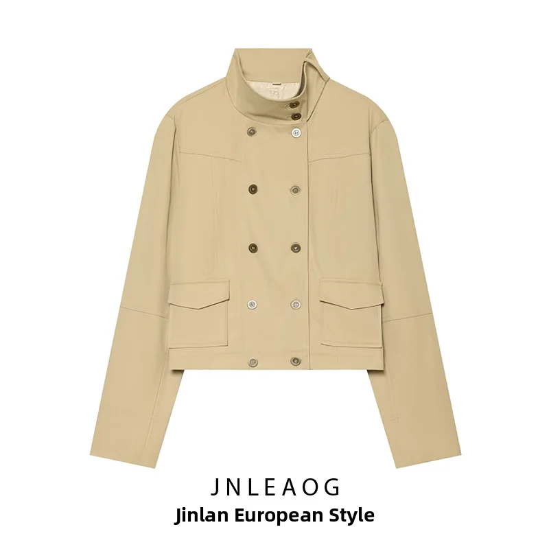 JNLEAOG Women's Short Outerwear Autumn New Style Commute Style Stand Collar Pocket Decorated Polyester Fiber Long Sleeve