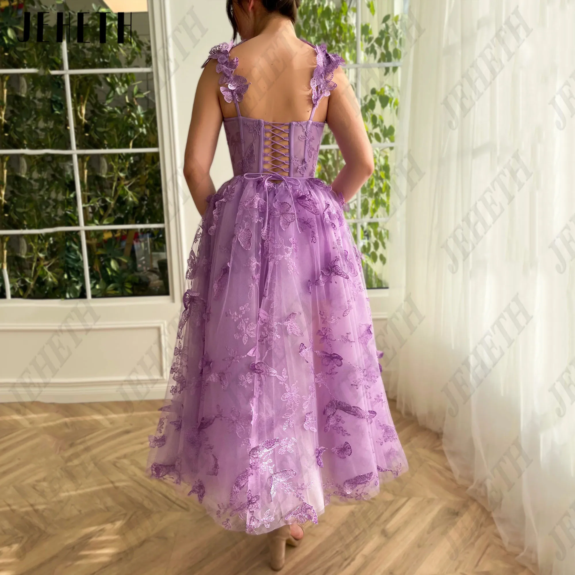 JEHETH Lavender Butterfly Prom Dress Sleeveless Sweetheart Tulle A-Line Party Gowns Spaghetti Straps Ankle Length Embroidery