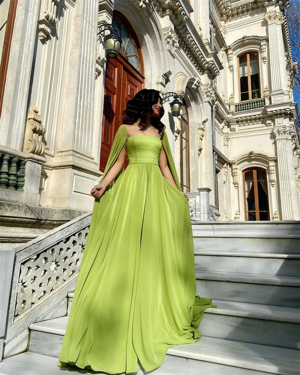 Sansa Modest Neon Green Chiffon A-line Long Maxi Gowns With Cape Sleeves Sweetheart Prom Dresses Elegant Party Dress