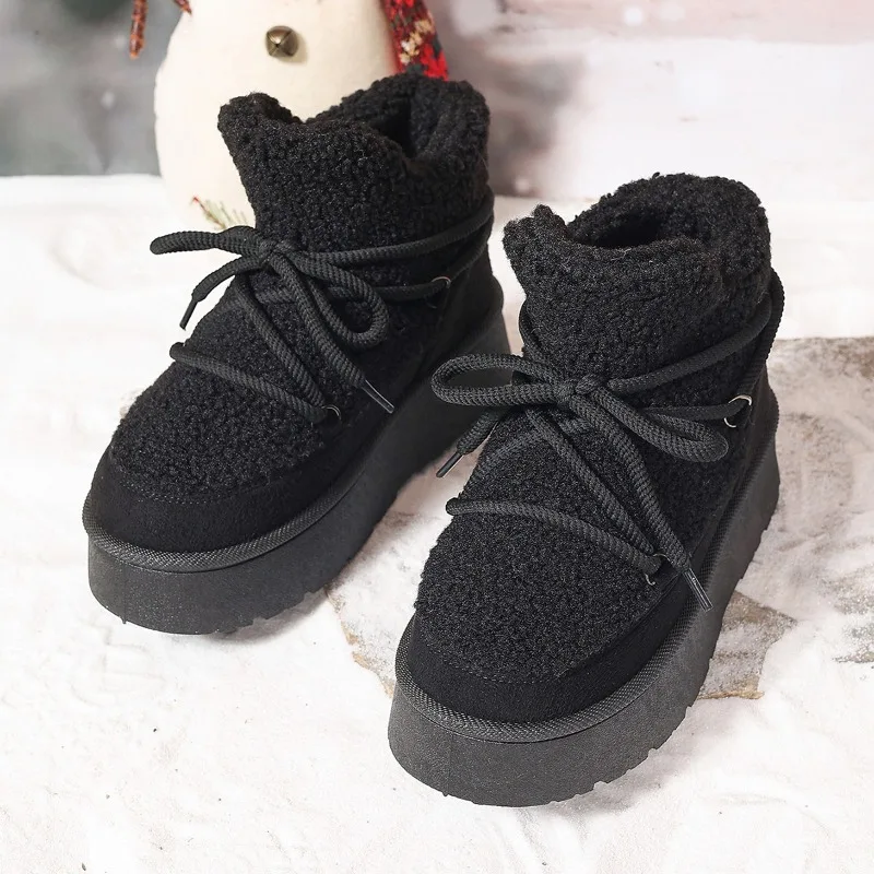 Winter New Thick Snow Boots Women\'s Round Head Sleeve Splicing Suede Front Strap Anti-slip Wear-resistant Short Boots