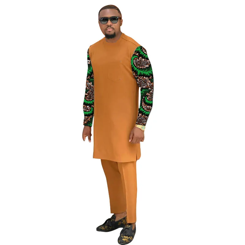 Nigerian Fashion Orange Men\'s Outfits Patchwork Shirt Long Sleeve Tops+Trousers African Print Customize Male Set Clothing