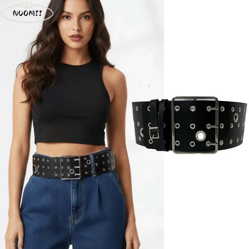 

Регулируемый широкий ремень с полыми заклепками, трехрядная пряжка, в стиле панк, Y2K, для крутых девушек, винтажный американский стиль