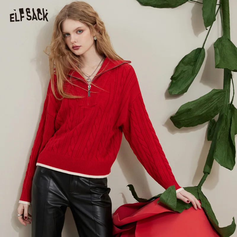 ELFSACK Turn-down Collar Pullover Sweaters Women 2022 Winter Loose Long Sleeve Knitwears