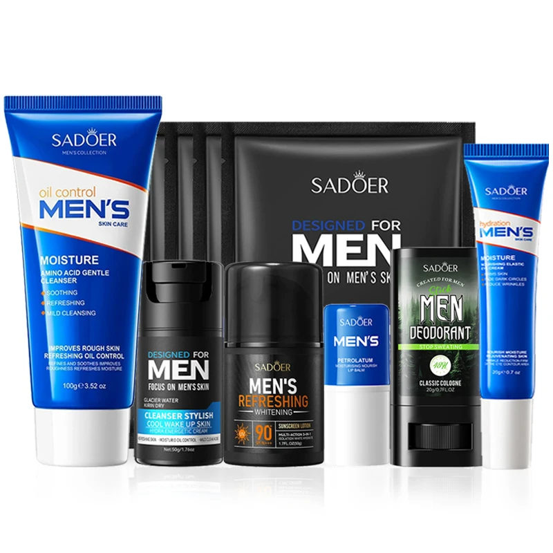 SADOER Männer Hautpflege Sets Feuchtigkeitsspendende Gesichtscreme Gesichtsmaske Lippenbalsam Sonnencreme Gesichtsreiniger Augencreme Männer Hautpflege Kit