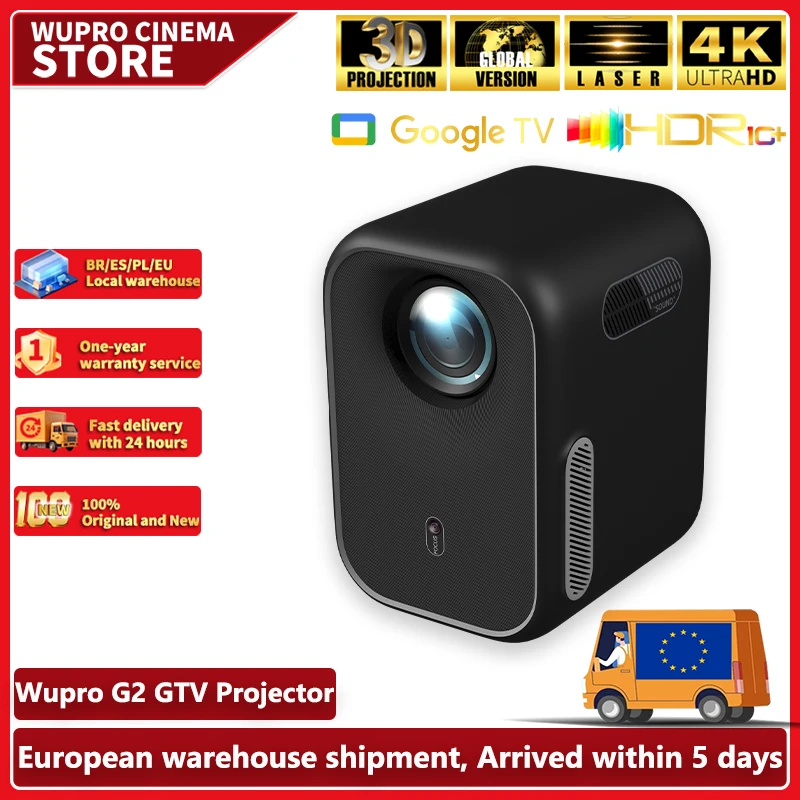 Wupro G2 4K Projector Native 1920P met Google TV Global Vision Laser HDR10 voor thuisbioscoop, Dolby Vision, draagbare projector