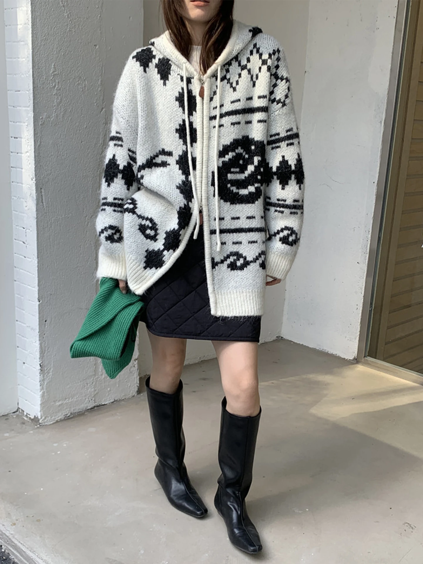 Retro Fair Isle Muster Kapuzenstrickwaren Jaet Damen Loose Fit Reißverschluss Long Sve Herbst Winter Oberbekleidung Faion Sle