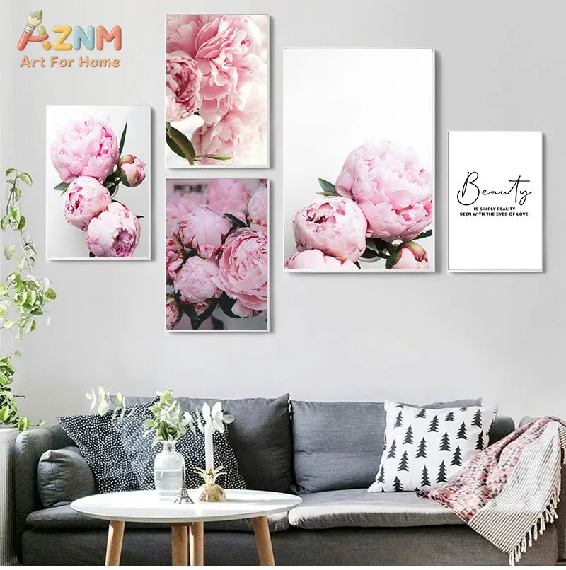AZNM Soft Pink Peony Flower Canvas Print Minimalist Floral Beauty Quote Simple White Background Modern Bedroom Unframed Wall Pos