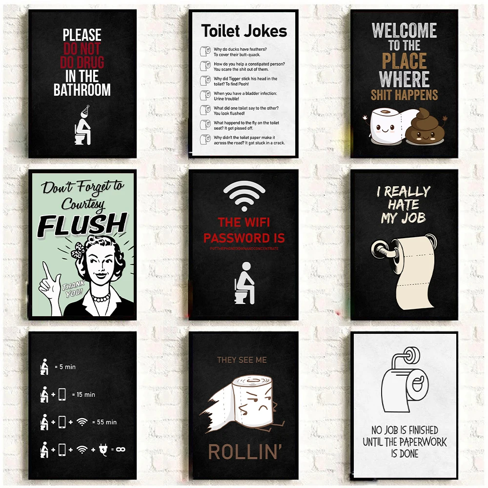 Bathroom Toilet Funny Quotes Cartoon Print Poster Roll Paper Toilet Joke Hint Text Wall Art Canvas Painting Home Bathroom Decor